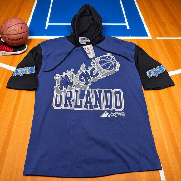 VTG Orlando Magic T Shirt Hoodie Sz XL FITS M/L Blue Apex One NBA Deadstock NWT - Picture 1 of 10